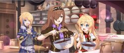 Rule 34 | 3girls, ahoge, ascot, bag, baking, belt, blonde hair, blue eyes, blush, bottle, bow, bowl, bowtie, braid, breasts, brick wall, brown hair, brown hairband, buttons, cabinet, chocolate, claire (konosuba), counter, dor nose, double-breasted, dress, earrings, faucet, frying pan, game cg, gradient hair, hair bow, hair over one eye, hairband, highres, holding, holding bowl, holding spatula, index finger raised, indoors, iris (konosuba), jewelry, kitchen, kono subarashii sekai ni shukufuku wo!, konosuba! fantastic days, large bow, large breasts, lens flare, long braid, long hair, medium hair, mixing bowl, mole, mole under eye, multicolored hair, multiple girls, official art, open mouth, own hands clasped, own hands together, paper bag, plate, plate stack, purple ascot, purple belt, purple hair, red bow, red bowtie, rolling pin, short sleeves, single braid, small breasts, small sweatdrop, smile, sparkle, spatula, striped clothes, striped hairband, table, third-party source, white dress, wine bottle, wiz (konosuba), wooden table, yellow eyes