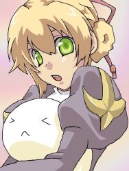 &gt;_&lt; 1girl blonde_hair commentary_request double_bun dress food green_eyes grey_dress hair_bun juliet_sleeves long_sleeves looking_at_viewer mochi open_mouth pink_background piyoko_(mofumofuutacyan) priest_(ragnarok_online) puffy_sleeves ragnarok_online short_hair solo upper_body
