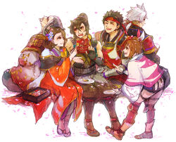 Rule 34 | back-to-back, black hair, brown eyes, brown hair, eating, family, hair ornament, headband, japanese clothes, kimono, kunoichi (sengoku musou), multicolored hair, ninja, sanada masayuki, sanada nobuyuki, sanada yukimura (sengoku musou), sarutobi sasuke, sengoku musou, siblings, smile, two-tone hair, white hair