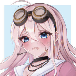 Rule 34 | antenna hair, black choker, blonde hair, blue eyes, blush, breasts, choker, cleavage, danganronpa (series), danganronpa v3: killing harmony, goggles, goggles on head, hair between eyes, iruma miu, large breasts, long hair, o soba (soba3ly), open mouth, pink shirt, portrait, sailor collar, shirt, sweat, white sailor collar