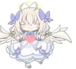 1girl angel_feather_alma antenna_hair blue_ribbon chibi dress emil_chronicle_online frilled_dress frills heart homurabi open_mouth ribbon smile white_background white_dress white_hair white_wings wings