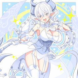 Rule 34 | 1girl, bare shoulders, breasts, cleavage, cowboy shot, daiichi (1279220), demon girl, demon horns, demon wings, dress, drill hair, duel monster, earrings, grey eyes, highres, horns, jewelry, large breasts, leotard, lovely labrynth of the silver castle, pointy ears, solo, sparkle, strapless, strapless dress, twin drills, white hair, white leotard, white wings, wings, yu-gi-oh!