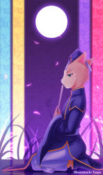 1boy animal_ears blue_coat blue_hat cat_boy cat_ears changpao chinese_clothes closed_mouth coat commentary_request expressionless folding_fan full_body full_moon furry furry_male grass green_eyes hand_fan hat highres holding holding_fan long_sleeves looking_at_viewer looking_to_the_side male_focus mao_guai moon pants petals profile ragnarok_online seiza sitting solo tate_eboshi tenyo0819 white_pants