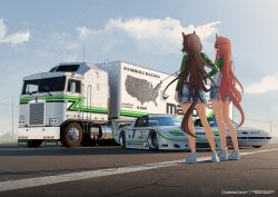 2girls absurdres animal_ears blue_sky brown_hair car clothing_cutout commentary contrapposto denim denim_shorts ear_covers ear_ornament english_commentary from_behind full_body goodyear green_jacket hand_on_own_hip highres horse_ears horse_girl horse_tail jacket long_sleeves map mazda mazda_rx-7 motor_vehicle multicolored_hair multiple_girls outdoors pavement pioneer_corporation run_rotary shoes shorts sky sneakers speed_symboli_(umamusume) spoiler_(automobile) standing streaked_hair symboli_rudolf_(umamusume) tail tail_through_clothes truck umamusume united_states white_hair white_shoes