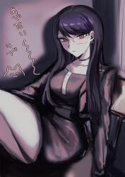 1girl absurdres black_dress black_jacket collar collarbone doodle_inset dress earrings eyelashes female_focus glasses highres jacket japanese_text jewelry looking_at_viewer purple_hair red_eyes shizuhara_hiruko sitting solo solo_focus the_hundred_line_-last_defense_academy- translation_request