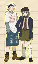 Rule 34 | 1boy, 1girl, absurdres, asae (1313604a), beret, black socks, blue shorts, blush stickers, full body, green eyes, green shorts, hand on own hip, hands in pockets, hashtag-only commentary, hat, headband, highres, looking at viewer, maka albarn, necktie, red eyes, sharp teeth, short hair, shorts, socks, soul eater, soul evans, teeth, twintails, white hair
