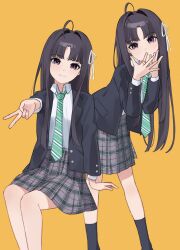 1girl absurdres ahoge arm_support awa_subaru black_hair black_jacket black_socks closed_mouth collared_shirt commentary diagonal-striped_clothes diagonal-striped_necktie girls_band_cry green_necktie grey_skirt gyaru_v hair_intakes hair_ribbon hands_up highres invisible_chair jacket kneehighs long_hair long_sleeves looking_at_viewer merlin_(mer71n) multiple_views necktie open_clothes open_jacket open_mouth parted_bangs plaid_clothes plaid_skirt pleated_skirt purple_eyes ribbon romaji_commentary school_uniform shirt sidelocks sitting skirt socks striped_clothes v white_ribbon white_shirt yellow_background