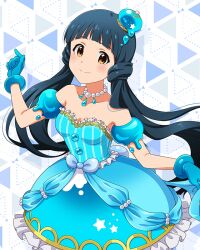 1girl aqua_dress aqua_gloves aqua_hat armlet bare_shoulders blue_hair blush breasts brown_eyes closed_mouth collarbone cowboy_shot dress drop_shadow frilled_dress frills gloves hat idolmaster idolmaster_million_live! idolmaster_million_live!_theater_days jewelry kitakami_reika long_hair looking_at_viewer low_twintails medium_breasts mini_hat monster!_slime_(idolmaster) necklace off-shoulder_dress off_shoulder official_art pearl_necklace smile solo standing tilted_headwear triangle twintails very_long_hair