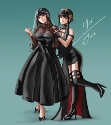 2girls black_boots black_dress black_hair black_thighhighs boots breasts character_name cleavage clenched_hand color_connection crossover dress female_focus full_body gold_hairband green_background grey_eyes grin hair_color_connection hair_ornament hairband hand_on_another&#039;s_shoulder hayami_saori high_heel_boots high_heels highres hime_cut long_hair looking_at_viewer multiple_girls notgustiarp osaragi_(sakamoto_days) red_eyes sakamoto_days short_hair_with_long_locks sidelocks simple_background smile spy_x_family standing standing_on_one_leg thigh_boots thighhighs trait_connection veil voice_actor_connection yor_briar