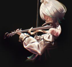 1girl bangle bare_shoulders black_background blurry bow_(music) bracelet cecilia_immergreen closed_eyes colored_inner_hair depth_of_field detached_collar detached_sleeves dim_lighting doll_joints dress electric_violin frilled_sleeves frills from_side green_dress green_hair hair_ornament holding holding_instrument holding_violin hololive hololive_english instrument jewelry joints multicolored_hair music playing_instrument short_hair solo two-tone_dress varsien violin virtual_youtuber white_dress white_hair white_sleeves winding_key