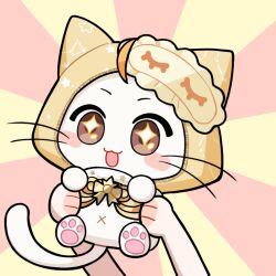+_+ ahoge animal animal_focus artist_request blush_stickers bow bowtie brown_eyes cat cloak clothed_animal constellation_print ear_covers fur-trimmed_cloak fur_trim happy holding holding_animal holding_cat hood hood_up hooded_cloak infinity_nikki looking_at_viewer mask mask_on_head momo_(nikki) navel neck_ribbon nikki_(series) non-web_source official_alternate_costume official_art open_mouth orange_ribbon pawpads pink_background ribbon sleep_mask smile solo_focus sparkling_eyes star_(symbol) star_print tareme two-tone_background whiskers white_cat yellow_background yellow_bow yellow_bowtie yellow_cloak yellow_mask