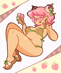 Rule 34 | 1girl, :p, bare arms, bare legs, bare shoulders, bikini, blush stickers, breasts, breasts apart, bright pupils, brown sandals, colored lineart, food, food-themed hair ornament, fruit, full body, green bikini, green ribbon, hair ornament, hair ribbon, hands up, holding, holding food, holding ice cream, ice cream, medium breasts, medium hair, navel, on chair, one eye closed, original, pink-framed eyewear, pink-tinted eyewear, pink eyes, pink hair, pink nails, plump, polka dot, polka dot background, ribbon, round eyewear, sandals, semi-rimless eyewear, solo, standing, standing on chair, strawberry, swimsuit, tinted eyewear, tongue, tongue out, under-rim eyewear, v, white pupils, zompycat