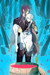 2boys 9tsumura aqua_background bad_id bad_pixiv_id berserker_(fate/zero) carrying fate/zero fate_(series) formal_clothes haori intravenous_drip japanese_clothes kimono long_hair male_focus matou_kariya multiple_boys petals princess_carry purple_hair spoilers suit tabi tub white_hair