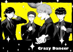 Rule 34 | 4boys, :|, adjusting clothes, adjusting necktie, closed mouth, collared shirt, commentary, disco ball, dos i2525, eyebrow cut, formal clothes, futsuu no keion-bu, glasses, greyscale with colored background, hand on own head, highres, jacket, lapels, long sleeves, looking at viewer, male focus, mizuo haruichi, multiple boys, necktie, notched lapels, official alternate costume, official alternate hairstyle, open mouth, ponytail, profile, protocol. (futsuu no keion-bu), reaching, reaching towards viewer, sanpaku, shirt, short hair, short ponytail, song name, sparkle, suit, suit jacket, symbol-only commentary, taguchi ryuuya, takami kouki, tohno gen, upper body, yellow background