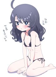 1girl absurdres bikini bizan_zan black_bikini blue_eyes blush bright_pupils collarbone commentary_request flat_chest highres long_hair original parted_lips purple_hair ribs side-tie_bikini_bottom simple_background sitting solo swimsuit translation_request v_arms wariza wavy_hair white_background white_pupils