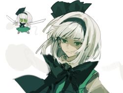 1girl black_hairband bow bowtie chibi closed_mouth ghost green_eyes grey_hair hairband holding holding_sword holding_weapon konpaku_youmu konpaku_youmu_(ghost) short_hair simple_background solo sword touhou upper_body weapon white_background xian_qishui