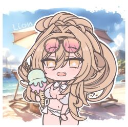 +_+ 1girl ai-assisted ai-generated_background artist_name azur_lane beach beach_chair beach_umbrella bikini blonde_hair blue_sky boat border bracelet breasts chair character_name chibi chibi_only cleavage cloud commentary cowboy_shot day eyewear_on_head fang food frilled_bikini frills futaba_(anti_clockwise) hair_intakes high_ponytail highres holding holding_food holding_ice_cream holding_ice_cream_cone ice_cream ice_cream_cone jewelry large_breasts lion_(azur_lane) lion_(the_reclining_dandelion)_(azur_lane) long_hair mountain navel necktie ocean official_alternate_costume open_mouth orange-framed_eyewear orange_eyes picnic_basket ponytail sailboat ship skin_fang sky star-shaped_pupils star_(symbol) stomach sunglasses swimsuit symbol-only_commentary symbol-shaped_pupils umbrella unworn_eyewear watercraft waves white_bikini white_border white_necktie