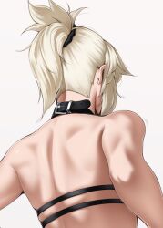 1girl black_scrunchie blonde_hair collar commentary english_commentary fate/grand_order fate_(series) from_behind mordred_(fate) ponytail scrunchie shoulder_blades sidelocks skindentation solo white_background zealyush