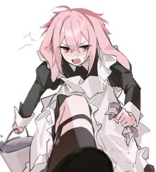 1boy alternate_costume animal_ears ansel_(arknights) apron arknights black_dress blush bucket bucket_of_water commentary_request crossdressing dress floppy_ears hair_between_eyes highres holding holding_bucket long_sleeves looking_at_viewer maid maid_apron odjikasu open_mouth pink_hair rabbit_boy rabbit_ears red_eyes short_hair simple_background solo sweat teeth trap upper_teeth_only white_apron white_background wrist_cuffs