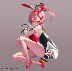 1girl absurdres ahoge animal_ears asymmetrical_bangs bandaid bandaid_on_leg blue_archive bow bowtie braid detached_collar fake_animal_ears full_body gradient_background grey_background high_heels highres jacket leotard mole mole_under_eye neru_(blue_archive) neru_(bunny)_(blue_archive) orange_hair playboy_bunny print_jacket rabbit_ears red_bow red_bowtie red_eyes red_footwear red_leotard single_braid sinser_(99535) solo strapless strapless_leotard sukajan tag traditional_bowtie