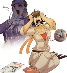 2girls absurdres barefoot black_hair breasts capcom cat cat_covering_ears_(meme) cleavage crying crying_with_eyes_open despair english_text fang feet gloves hands_on_own_head headband highres ingrid_(capcom) japanese_clothes large_breasts laughing legs long_hair makoto_(street_fighter) meme multiple_girls ojou-sama_pose red_eyes rejection short_hair sitting solo street_fighter tears teeth thighs tongue white_hair