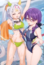 2girls animal_ears bandaid bandaid_on_face bandaid_on_forehead bikini breasts character_request closed_eyes competition_swimsuit crossed_bandaids ear_covers eltir feet_out_of_frame goggles goggles_around_neck green_bikini grey_hair hair_between_eyes hair_over_shoulder highleg highleg_one-piece_swimsuit highres horse_ears horse_girl horse_tail large_breasts long_hair medium_breasts multiple_girls one-piece_swimsuit ponytail purple_eyes purple_hair sports_bikini swimsuit tail towel towel_on_arm tsurugi_ryoka two-tone_swimsuit umamusume whistle whistle_around_neck