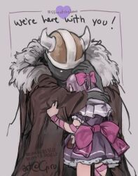 1boy 1girl arm_ribbon bow brown_robe capelet dress english_text fake_horns fallenshadow fallenshadow_(1st_costume) fur-trimmed_robe fur_trim girutea grey_capelet hair_bow helmet highres hood hooded_capelet horned_helmet horns indie_virtual_youtuber leg_ribbon pink_bow pink_ribbon purple_dress purple_hair ribbon robe virtual_youtuber waist_bow