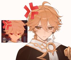 Rule 34 | 1boy, absurdres, aether (genshin impact), ahoge, anger vein, angry, armor, blonde hair, braid, brown eyes, brown shirt, closed mouth, commentary, derivative work, earrings, genshin impact, hair between eyes, highres, jewelry, long hair, looking down, male focus, scarf, screenshot redraw, shirt, short sleeves, shoulder armor, simple background, single earring, suspicious dish, symbol-only commentary, upper body, white background, white scarf