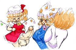 &gt;_&lt; 1futa 1girl animal_ears animal_hat ascot ass blonde_hair blue_tabard breasts clothes_lift covered_erect_nipples crystal crystal_wings dot_nose dress dress_lift extra_tails flandre_scarlet fox_ears fox_girl fox_tail frilled_dress frills futanari hair_ribbon hat highres huge_ass huge_breasts large_breasts mob_cap open_mouth penis puffy_short_sleeves puffy_sleeves red_dress red_ribbon ribbon short_sleeves side_ponytail simple_background sketch tabard tail testicles thatartistann touhou veins veiny_penis white_background white_dress white_hat wings yakumo_ran yellow_ascot yellow_eyes