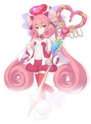 1girl animal cape chameleon closed_mouth double-parted_bangs drop_shadow full_body gem hair_between_eyes heart heart_print holding holding_staff long_hair looking_at_viewer mittens navel neneka_(princess_connect!) official_art pink_eyes pink_hair princess_connect! puffy_shorts red_gemstone red_shorts red_thighhighs ringlets shoes shorts simple_background solo staff standing standing_on_one_leg tachi-e thighhighs transparent_background very_long_hair white_cape white_mittens white_shoes zettai_ryouiki