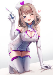 1girl bare_shoulders bent_over blush breasts brown_hair cleavage cleavage_cutout clothing_cutout elbow_gloves full_body gloves hat heart heart_cutout highres holding holding_syringe kneeling large_breasts long_hair looking_at_viewer medium_hair mosuchaka murafuji_sana naughty_face nurse nurse_cap one_eye_closed open_mouth pole_princess!! side_slit skirt smile solo syringe thighhighs white_background white_gloves white_thighhighs