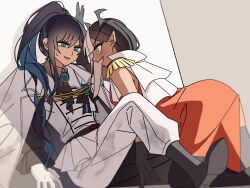 2girls ado_(utaite) black_boots black_gloves black_hair blue_brooch blue_eyes blue_hair boots chando_(ado) coat coat_on_shoulders colored_inner_hair commentary dress fang gloves highres kabedon long_hair lugosi_(ado) mole mole_under_eye multicolored_hair multiple_girls open_mouth orange_dress pants pike_(azas_ef) pointy_ears ponytail show_(ado) sidelocks sweatdrop utaite white_coat white_gloves white_pants yuri