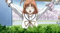 00s 1girl animated animated_gif anime_screenshot bouncing_breasts bow breasts da_capo da_capo_ii female_focus hand_puppet happy large_breasts puppet school_uniform smile solo tsukishima_koko