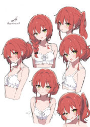 1girl absurdres alternate_hairstyle artist_logo artist_name bikini bocchi_the_rock! braid breasts closed_mouth collarbone commentary frilled_bikini_top green_eyes hair_bun highres kita_ikuyo logo long_hair looking_at_viewer minusk9 multiple_views open_mouth ponytail red_hair side_ponytail simple_background single_braid single_hair_bun small_breasts smile swimsuit twitter_username white_background white_bikini
