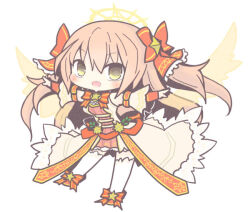1girl bow brown_hair chibi dress emil_chronicle_online hair_bow halo homurabi long_hair open_mouth red_dress red_ribbon ribbon stella_lore thighhighs two_side_up white_dress white_thighhighs white_wings wings yellow_eyes