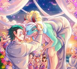 5boys 6+girls absurdres all_might applause asui_tsuyu blonde_hair blue_eyes boku_no_hero_academia breasts character_request closed_eyes colored_skin dress flirting flower frilled_thigh_strap furry green_hair green_skin hanging_breasts highres ippan_josei looking_at_another midoriya_inko midoriya_izuku mineta_minoru multiple_boys multiple_girls ocean scar scar_across_eye scar_on_face size_difference smile sun sunset tagme tall_female thigh_strap toned toned_female uraraka_ochako veil vlizz vlizzyvlizz117 wedding wedding_dress yaoyorozu_momo