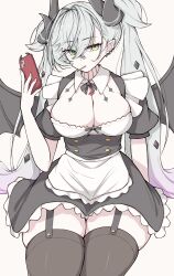 1girl absurdres apron azuki_(ne_4zk) black_dress black_thighhighs bow breasts candy cellphone cleavage demon_girl demon_horns demon_wings detached_collar dress ear_piercing fate/grand_order fate_(series) food garter_straps green_eyes highres holding holding_phone horns large_breasts lilith_(fate) lollipop lollipop_in_mouth long_hair maid_apron maid_day phone piercing pointy_ears puffy_short_sleeves puffy_sleeves short_sleeves skindentation skirt solo thick_thighs thighhighs thighs twintails waist_apron white_hair wings