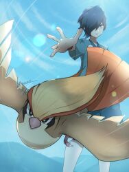 1boy bird black_hair blue_eyes blue_jacket blue_kimono closed_mouth cloud commentary_request day falkner_(pokemon) gen_1_pokemon haori highres jacket japanese_clothes kimono kneehighs lens_flare male_focus nintendo open_clothes open_jacket outdoors pidgeot pokemon pokemon_(creature) pokemon_hgss short_hair short_sleeves sky snow_(ffgf7255) socks spread_fingers standing twitter_username watermark white_socks wristband