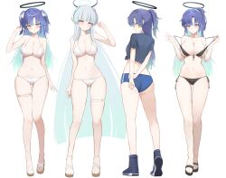 2girls absurdres aipa ass bikini black_bikini blue_archive blue_buruma blue_shirt boots breasts buruma comiket comiket_106 commentary_request full_body halo highres large_breasts long_hair mechanical_halo multiple_girls multiple_views navel noa_(blue_archive) official_alternate_costume ponytail purple_hair sandals shirt stomach swimsuit thigh_strap toes two_side_up very_long_hair white_bikini white_hair yuuka_(blue_archive) yuuka_(track)_(blue_archive)