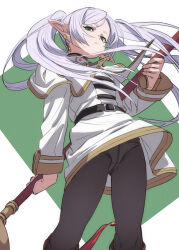 1girl belt black_belt black_pantyhose commentary_request elf frieren fu-ta green_eyes grey_hair highres holding holding_staff long_hair looking_at_viewer mage_staff panties panties_under_pantyhose pantyhose pointy_ears skirt solo sousou_no_frieren staff standing underwear white_skirt