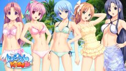 10s 5girls :d ahoge antenna_hair aoi_matsuri beach bikini bikini_skirt bow breasts casual_one-piece_swimsuit cleavage covered_erect_nipples day floral_print flower frills front-tie_bikini_top front-tie_top gathers groin hair_bow halterneck highres himuro_rikka hinata_hanabi koutaro long_hair minazuki_izumi multiple_girls navel one-piece_swimsuit open_mouth outdoors palm_tree polka_dot polka_dot_bikini polka_dot_swimsuit saotome_nagi sarong see-through_clothes side-tie_bikini_bottom smile striped_bikini striped_clothes swimsuit tree tropical_kiss very_long_hair