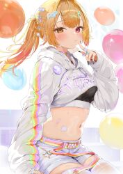 1girl absurdres alternate_costume badge balloon bandaid_on_stomach black_sports_bra blonde_hair blush closed_mouth clothes_writing cropped_hoodie finger_to_cheek grey_hoodie hair_ornament highres hood hoodie hoshikawa_sara index_finger_raised midriff nail_polish navel nijisanji pomesaurus rainbow_print red_eyes solo sports_bra stomach sweat virtual_youtuber x_hair_ornament yellow_eyes