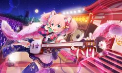 1girl :d animal_ears architecture artist_request blue_eyes blue_skirt blue_thighhighs bow concert detached_sleeves east_asian_architecture floral_print flower frilled_sleeves frills full_moon glowstick hair_bow hair_flower hair_ornament hairpin holding holding_instrument instrument japanese_clothes kimono leg_up lens_flare looking_at_viewer moon mouse_ears mouse_girl mouse_tail night night_sky obi obijime official_art open_mouth outdoors outstretched_arm pagoda pink_hair pom_pom_(clothes) sash shamisen short_hair short_twintails show_by_rock!! skirt sky sleeveless sleeveless_kimono smile solo sparkle stage stage_lights stairs standing standing_on_one_leg star_(sky) starry_sky tail tail_bow tail_ornament thighhighs third-party_source twintails un_(show_by_rock!!) white_kimono