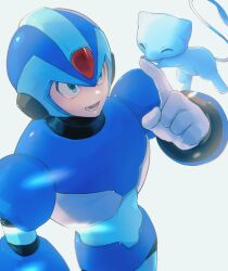 alternate_color armor blue_armor blue_eyes blue_fur blue_helmet body_fur color_connection crossover forehead_jewel gen_1_pokemon helmet highres legendary_pokemon lemon_inu mega_man_(series) mega_man_x_(series) mew_(pokemon) mythical_pokemon nintendo pokemon shiny_pokemon shoulder_armor upper_body x_(mega_man)