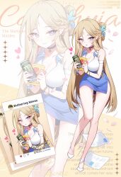 1girl alternate_costume apple_caramel arm_strap bare_legs bare_shoulders blonde_hair blue_eyes blue_skirt breasts can cartethyia_(wuthering_waves) cleavage collarbone commentary drink_can earrings english_commentary english_text hair_ornament heart highres holding holding_can jewelry large_breasts legs light_blush long_hair looking_at_viewer monster_energy parted_lips pink_petals pointy_ears shirt shoes side_slit sidelocks skirt sleeveless sleeveless_shirt solo tacet_mark_(wuthering_waves) very_long_hair white_shirt white_shoes wuthering_waves zoom_layer