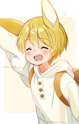 1boy ^_^ animal_ears arm_up backpack bag blonde_hair blush buttons child closed_eyes commentary dot_nose double-parted_bangs far_tarooo hair_between_eyes highres hood hood_down hoodie long_sleeves male_focus noru_(far_tarooo) notice_lines open_mouth original outstretched_arm rabbit_boy rabbit_ears randoseru short_hair smile solo symbol-only_commentary upper_body white_hoodie