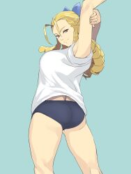 Rule 34 | 1girl, ass, blonde hair, blue buruma, breasts, buruma, coveredcore, drill hair, gym uniform, highres, kanzuki karin, large breasts, long hair, looking at viewer, looking back, simple background, solo, street fighter, thighs, yellow eyes