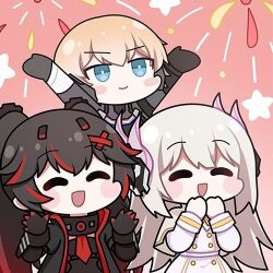 1boy 2girls black_hair blonde_hair blue_eyes blush_stickers chibi closed_eyes euyueuy fireworks gloves gradient_hair hand_to_own_mouth hands_up lee:_hyperreal_(pgr) lee_(pgr) liv:_eclipse_(pgr) liv_(pgr) lowres lucia:_plume_(pgr) lucia_(pgr) multicolored_hair multiple_girls official_art punishing:_gray_raven red_hair twintails white_hair