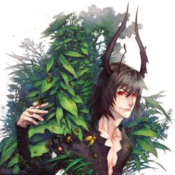 10s 1boy 2010 adam&#039;s_apple animal ant antennae arm_up artist_name beetle black_hair bug butterfly collarbone compound_eyes dated expressionless horns insect leaf long_sleeves looking_at_viewer male_focus monster_boy original plant praying_mantis red_eyes signature simple_background smile solo upper_body watermark web_address white_background yi_lee