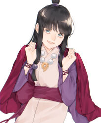 1girl ace_attorney black_hair blue_eyes cha_so_2 coat japanese_clothes kimono long_hair maya_fey purple_kimono red_coat smile solo solo_focus white_background
